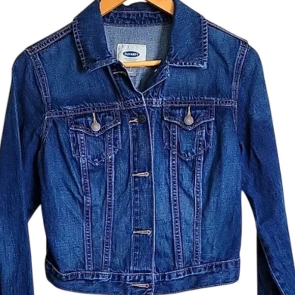 Old Navy Denim Jacket Women’s Medium Dark Indigo Cropped Button Up No Pockets - Picture 1 of 6